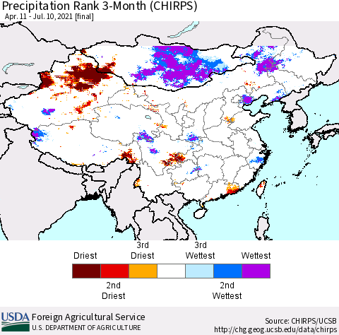 China, Mongolia and Taiwan Precipitation Rank since 1981, 3-Month (CHIRPS) Thematic Map For 4/11/2021 - 7/10/2021