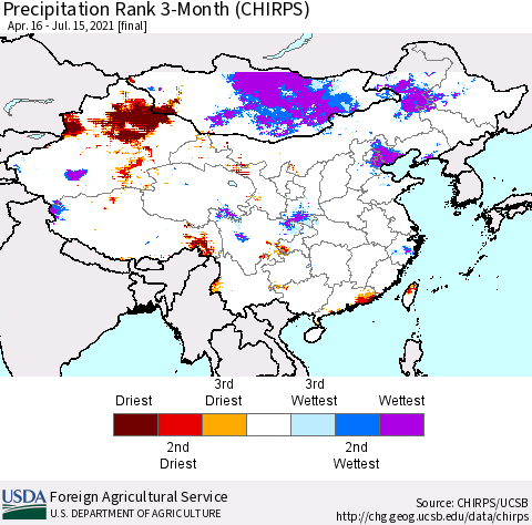 China, Mongolia and Taiwan Precipitation Rank since 1981, 3-Month (CHIRPS) Thematic Map For 4/16/2021 - 7/15/2021