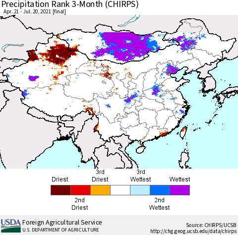 China, Mongolia and Taiwan Precipitation Rank since 1981, 3-Month (CHIRPS) Thematic Map For 4/21/2021 - 7/20/2021
