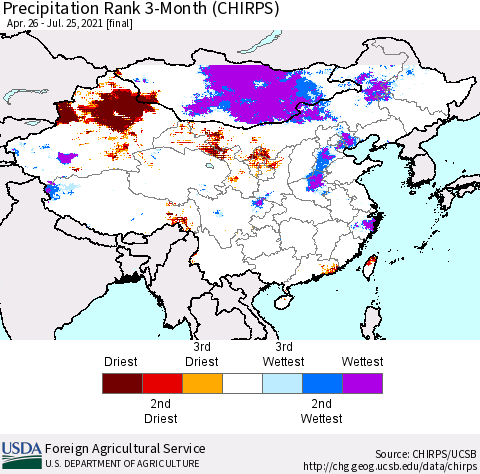 China, Mongolia and Taiwan Precipitation Rank since 1981, 3-Month (CHIRPS) Thematic Map For 4/26/2021 - 7/25/2021