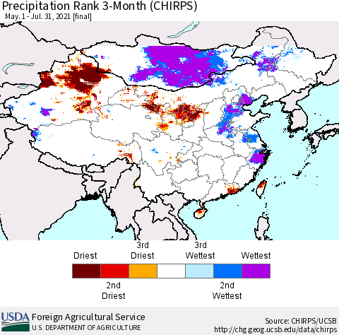 China, Mongolia and Taiwan Precipitation Rank since 1981, 3-Month (CHIRPS) Thematic Map For 5/1/2021 - 7/31/2021
