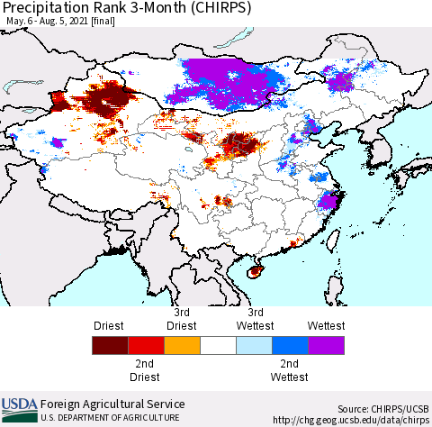 China, Mongolia and Taiwan Precipitation Rank since 1981, 3-Month (CHIRPS) Thematic Map For 5/6/2021 - 8/5/2021