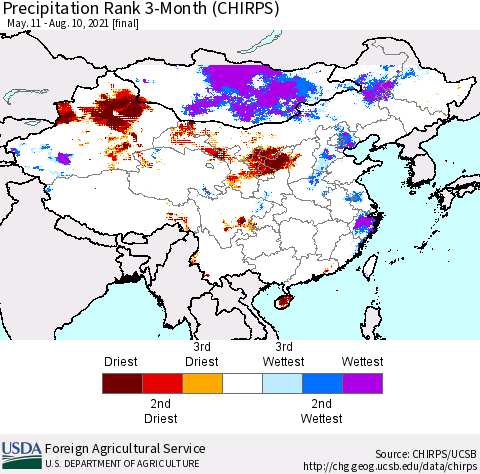China, Mongolia and Taiwan Precipitation Rank since 1981, 3-Month (CHIRPS) Thematic Map For 5/11/2021 - 8/10/2021