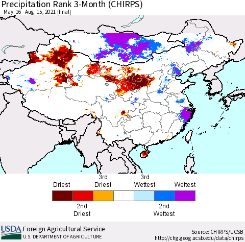 China, Mongolia and Taiwan Precipitation Rank since 1981, 3-Month (CHIRPS) Thematic Map For 5/16/2021 - 8/15/2021