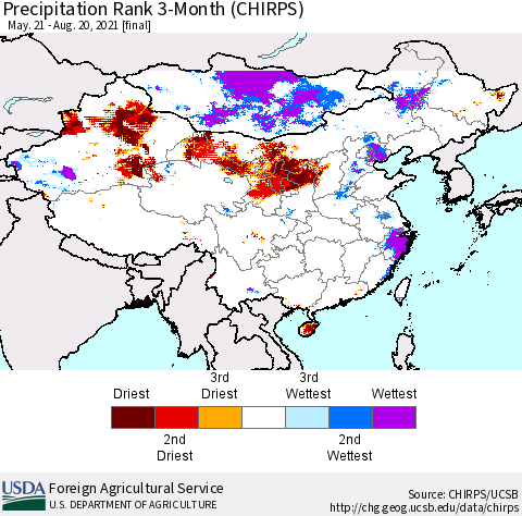 China, Mongolia and Taiwan Precipitation Rank since 1981, 3-Month (CHIRPS) Thematic Map For 5/21/2021 - 8/20/2021