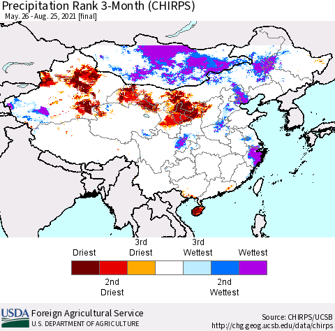 China, Mongolia and Taiwan Precipitation Rank since 1981, 3-Month (CHIRPS) Thematic Map For 5/26/2021 - 8/25/2021