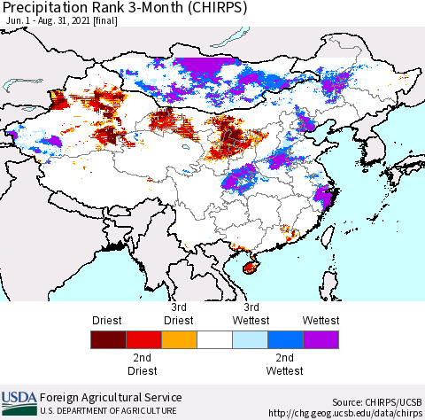 China, Mongolia and Taiwan Precipitation Rank since 1981, 3-Month (CHIRPS) Thematic Map For 6/1/2021 - 8/31/2021