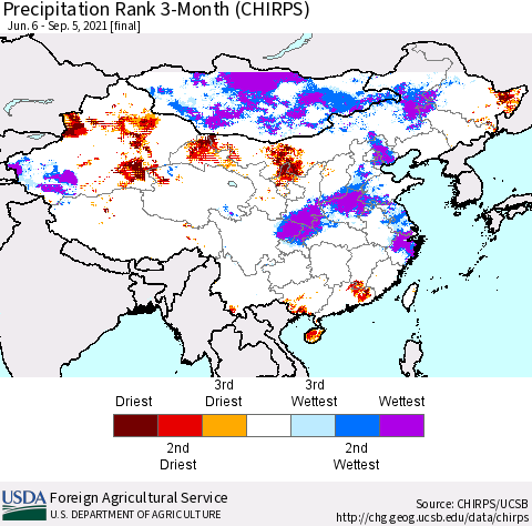 China, Mongolia and Taiwan Precipitation Rank since 1981, 3-Month (CHIRPS) Thematic Map For 6/6/2021 - 9/5/2021