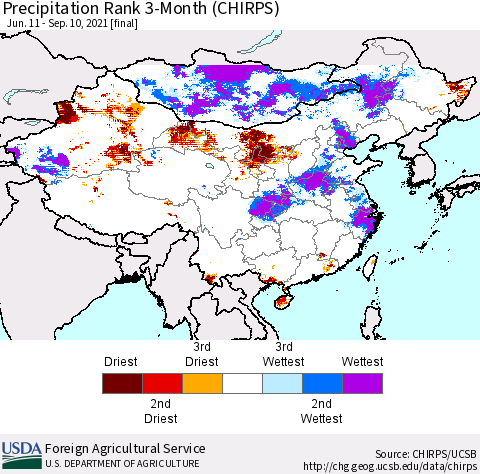 China, Mongolia and Taiwan Precipitation Rank since 1981, 3-Month (CHIRPS) Thematic Map For 6/11/2021 - 9/10/2021
