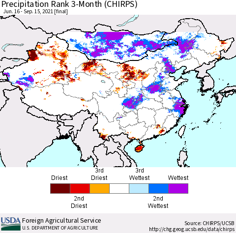 China, Mongolia and Taiwan Precipitation Rank since 1981, 3-Month (CHIRPS) Thematic Map For 6/16/2021 - 9/15/2021