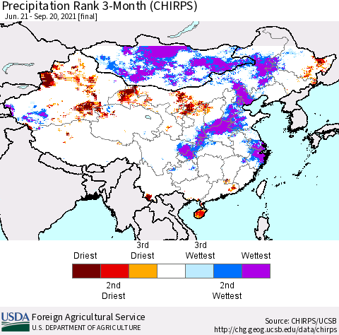 China, Mongolia and Taiwan Precipitation Rank since 1981, 3-Month (CHIRPS) Thematic Map For 6/21/2021 - 9/20/2021