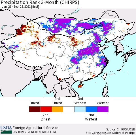 China, Mongolia and Taiwan Precipitation Rank since 1981, 3-Month (CHIRPS) Thematic Map For 6/26/2021 - 9/25/2021