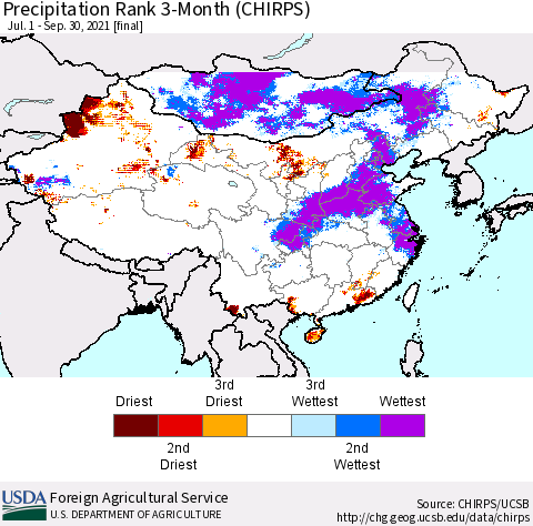 China, Mongolia and Taiwan Precipitation Rank since 1981, 3-Month (CHIRPS) Thematic Map For 7/1/2021 - 9/30/2021