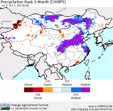 China, Mongolia and Taiwan Precipitation Rank since 1981, 3-Month (CHIRPS) Thematic Map For 7/6/2021 - 10/5/2021