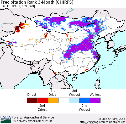 China, Mongolia and Taiwan Precipitation Rank since 1981, 3-Month (CHIRPS) Thematic Map For 7/11/2021 - 10/10/2021