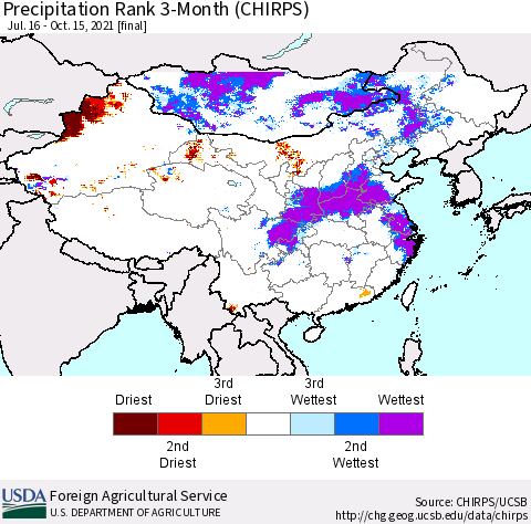 China, Mongolia and Taiwan Precipitation Rank since 1981, 3-Month (CHIRPS) Thematic Map For 7/16/2021 - 10/15/2021