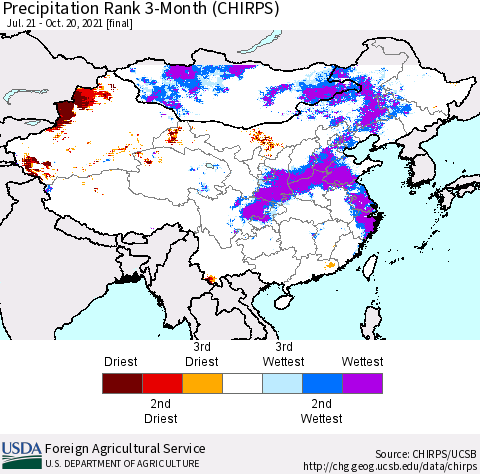 China, Mongolia and Taiwan Precipitation Rank since 1981, 3-Month (CHIRPS) Thematic Map For 7/21/2021 - 10/20/2021