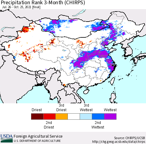 China, Mongolia and Taiwan Precipitation Rank since 1981, 3-Month (CHIRPS) Thematic Map For 7/26/2021 - 10/25/2021