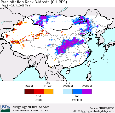 China, Mongolia and Taiwan Precipitation Rank since 1981, 3-Month (CHIRPS) Thematic Map For 8/1/2021 - 10/31/2021
