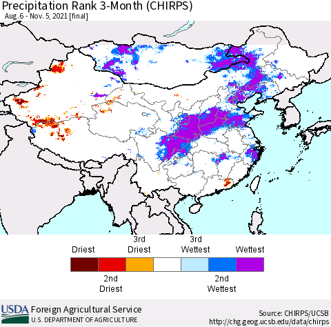 China, Mongolia and Taiwan Precipitation Rank since 1981, 3-Month (CHIRPS) Thematic Map For 8/6/2021 - 11/5/2021