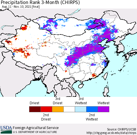 China, Mongolia and Taiwan Precipitation Rank since 1981, 3-Month (CHIRPS) Thematic Map For 8/11/2021 - 11/10/2021
