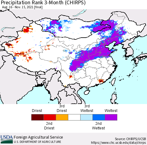 China, Mongolia and Taiwan Precipitation Rank since 1981, 3-Month (CHIRPS) Thematic Map For 8/16/2021 - 11/15/2021