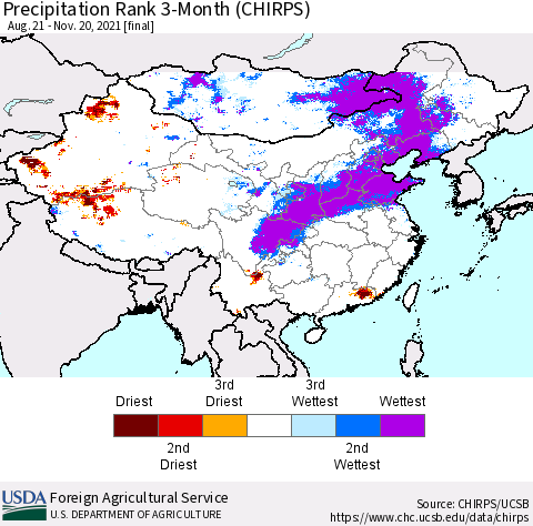 China, Mongolia and Taiwan Precipitation Rank since 1981, 3-Month (CHIRPS) Thematic Map For 8/21/2021 - 11/20/2021