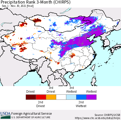 China, Mongolia and Taiwan Precipitation Rank since 1981, 3-Month (CHIRPS) Thematic Map For 9/1/2021 - 11/30/2021