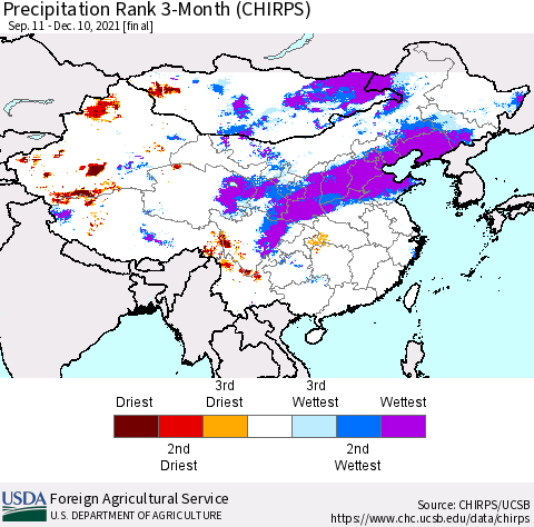 China, Mongolia and Taiwan Precipitation Rank since 1981, 3-Month (CHIRPS) Thematic Map For 9/11/2021 - 12/10/2021