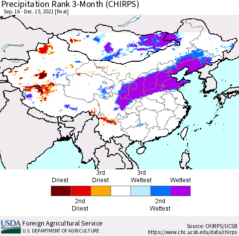 China, Mongolia and Taiwan Precipitation Rank since 1981, 3-Month (CHIRPS) Thematic Map For 9/16/2021 - 12/15/2021