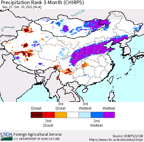 China, Mongolia and Taiwan Precipitation Rank since 1981, 3-Month (CHIRPS) Thematic Map For 9/21/2021 - 12/20/2021