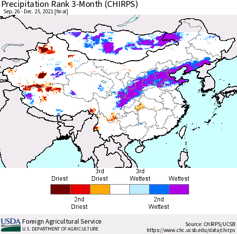 China, Mongolia and Taiwan Precipitation Rank since 1981, 3-Month (CHIRPS) Thematic Map For 9/26/2021 - 12/25/2021