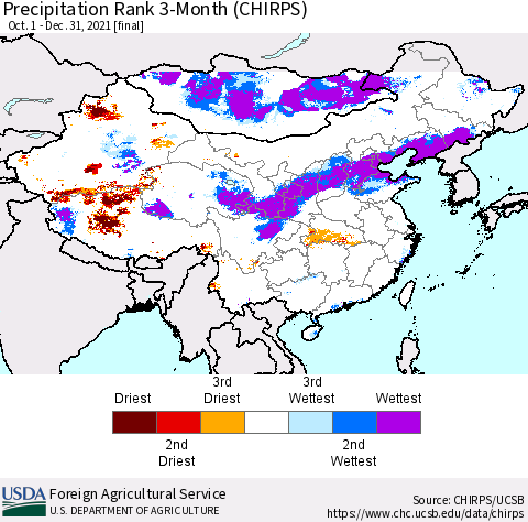 China, Mongolia and Taiwan Precipitation Rank since 1981, 3-Month (CHIRPS) Thematic Map For 10/1/2021 - 12/31/2021