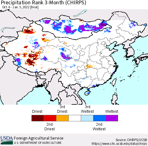 China, Mongolia and Taiwan Precipitation Rank since 1981, 3-Month (CHIRPS) Thematic Map For 10/6/2021 - 1/5/2022