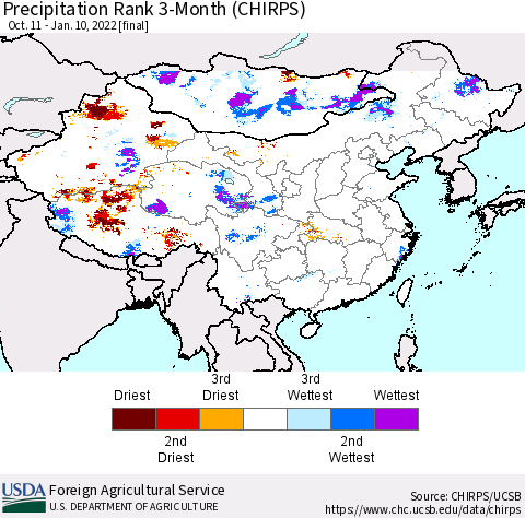 China, Mongolia and Taiwan Precipitation Rank since 1981, 3-Month (CHIRPS) Thematic Map For 10/11/2021 - 1/10/2022