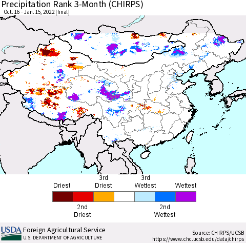 China, Mongolia and Taiwan Precipitation Rank since 1981, 3-Month (CHIRPS) Thematic Map For 10/16/2021 - 1/15/2022