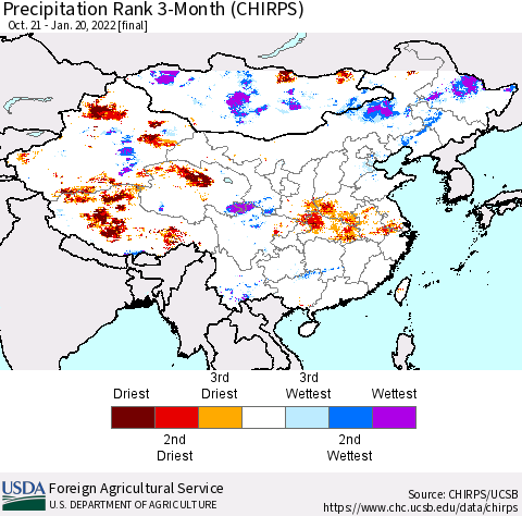 China, Mongolia and Taiwan Precipitation Rank since 1981, 3-Month (CHIRPS) Thematic Map For 10/21/2021 - 1/20/2022