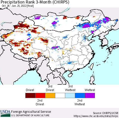 China, Mongolia and Taiwan Precipitation Rank since 1981, 3-Month (CHIRPS) Thematic Map For 10/26/2021 - 1/25/2022