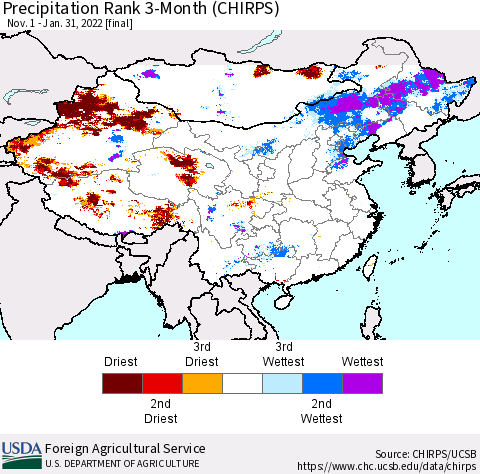 China, Mongolia and Taiwan Precipitation Rank since 1981, 3-Month (CHIRPS) Thematic Map For 11/1/2021 - 1/31/2022