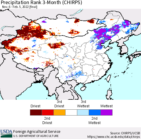 China, Mongolia and Taiwan Precipitation Rank since 1981, 3-Month (CHIRPS) Thematic Map For 11/6/2021 - 2/5/2022