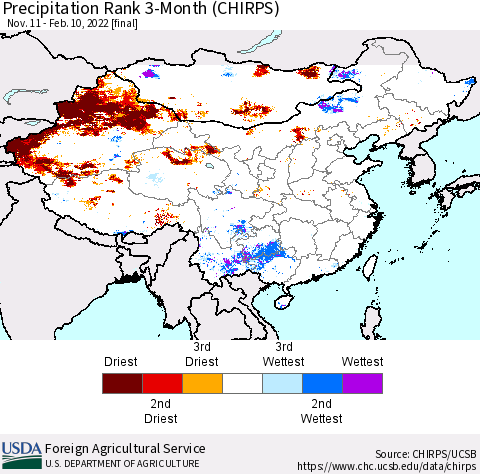 China, Mongolia and Taiwan Precipitation Rank since 1981, 3-Month (CHIRPS) Thematic Map For 11/11/2021 - 2/10/2022