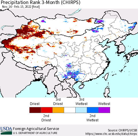 China, Mongolia and Taiwan Precipitation Rank since 1981, 3-Month (CHIRPS) Thematic Map For 11/16/2021 - 2/15/2022