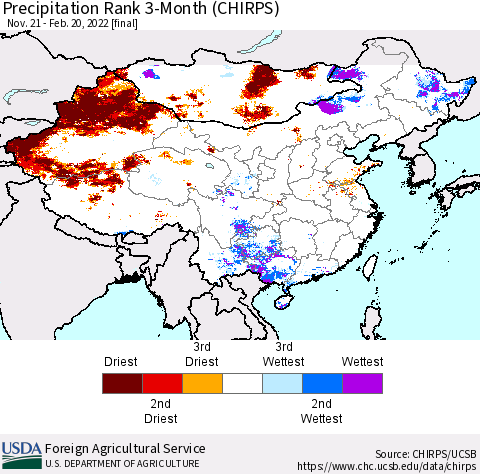 China, Mongolia and Taiwan Precipitation Rank since 1981, 3-Month (CHIRPS) Thematic Map For 11/21/2021 - 2/20/2022