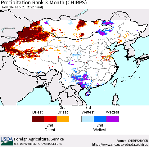 China, Mongolia and Taiwan Precipitation Rank since 1981, 3-Month (CHIRPS) Thematic Map For 11/26/2021 - 2/25/2022