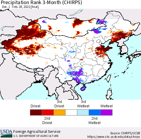 China, Mongolia and Taiwan Precipitation Rank since 1981, 3-Month (CHIRPS) Thematic Map For 12/1/2021 - 2/28/2022