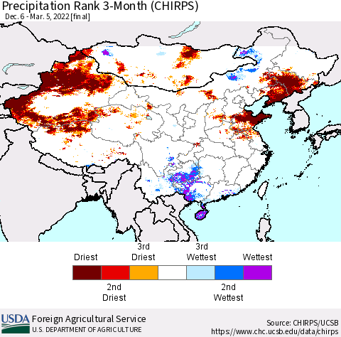 China, Mongolia and Taiwan Precipitation Rank since 1981, 3-Month (CHIRPS) Thematic Map For 12/6/2021 - 3/5/2022