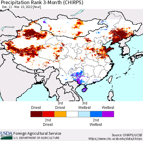 China, Mongolia and Taiwan Precipitation Rank since 1981, 3-Month (CHIRPS) Thematic Map For 12/11/2021 - 3/10/2022