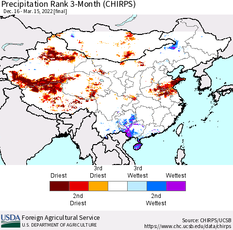China, Mongolia and Taiwan Precipitation Rank since 1981, 3-Month (CHIRPS) Thematic Map For 12/16/2021 - 3/15/2022