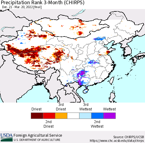 China, Mongolia and Taiwan Precipitation Rank since 1981, 3-Month (CHIRPS) Thematic Map For 12/21/2021 - 3/20/2022