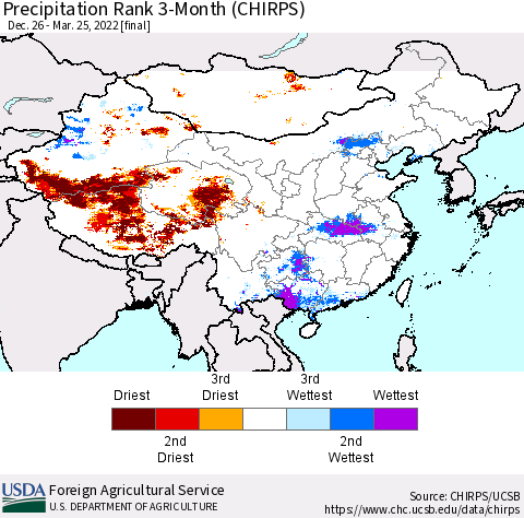 China, Mongolia and Taiwan Precipitation Rank since 1981, 3-Month (CHIRPS) Thematic Map For 12/26/2021 - 3/25/2022